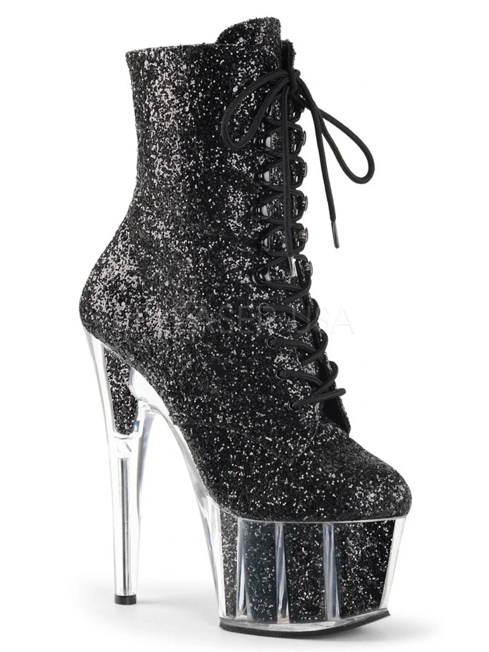 Pleaser Black Glitter Lace-Up Clear Platform Ankle Boots
